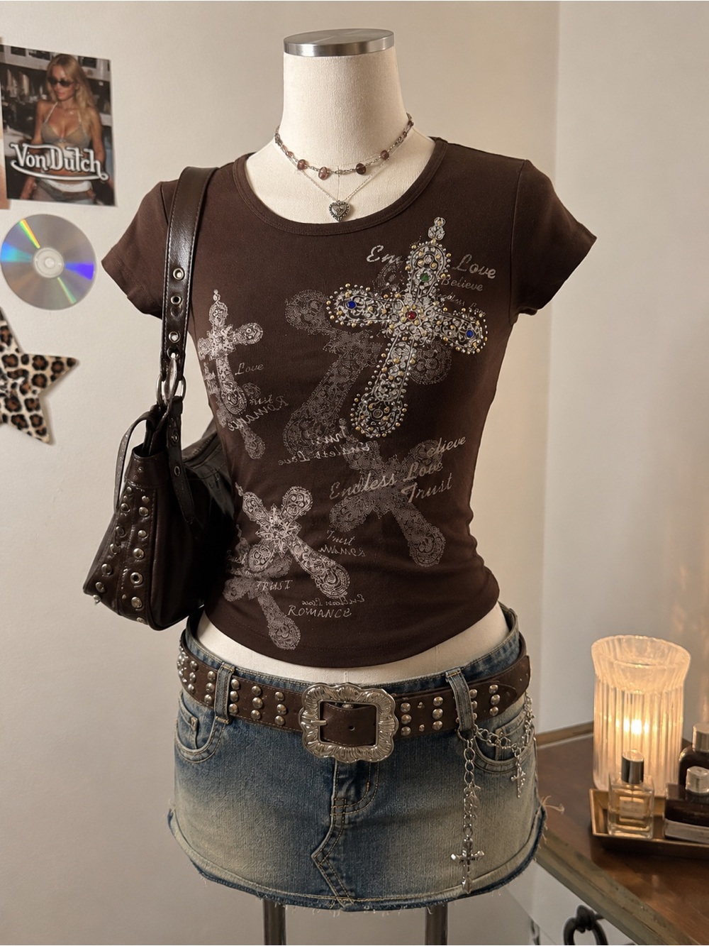 Spunky Brown Short-Sleeve Cross Embellished Tee